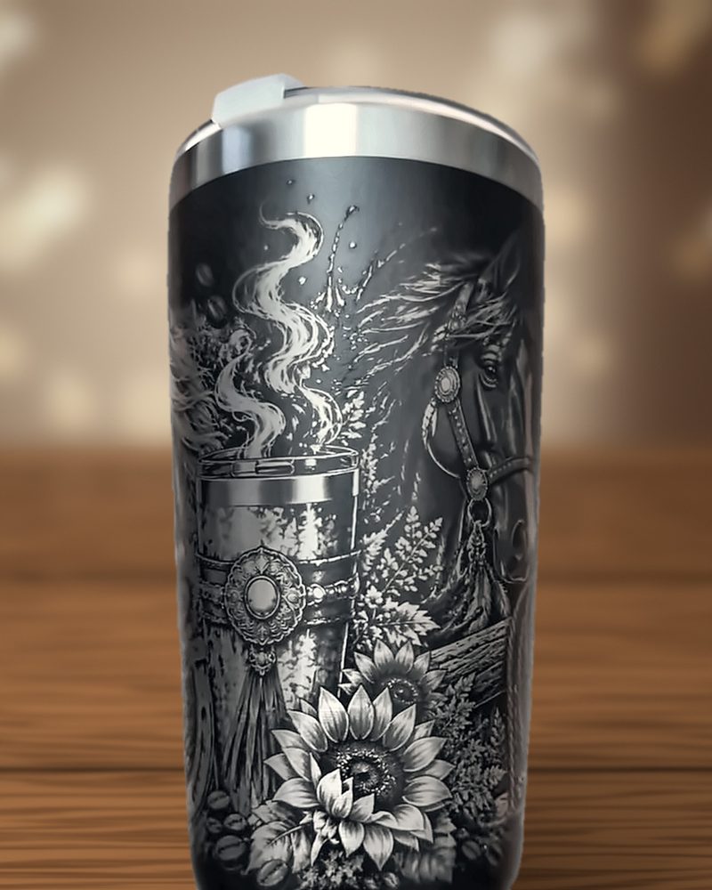 Black tumbler laser-engraved with a steaming coffee cup, sunflowers and a horse